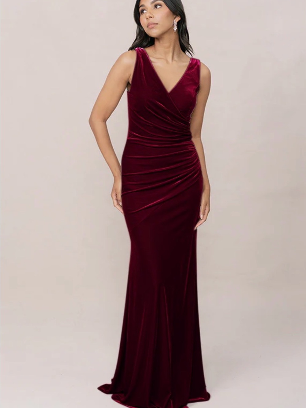 Revelry Deep Burgundy Velvet Ruched V-Neck Maxi Dress